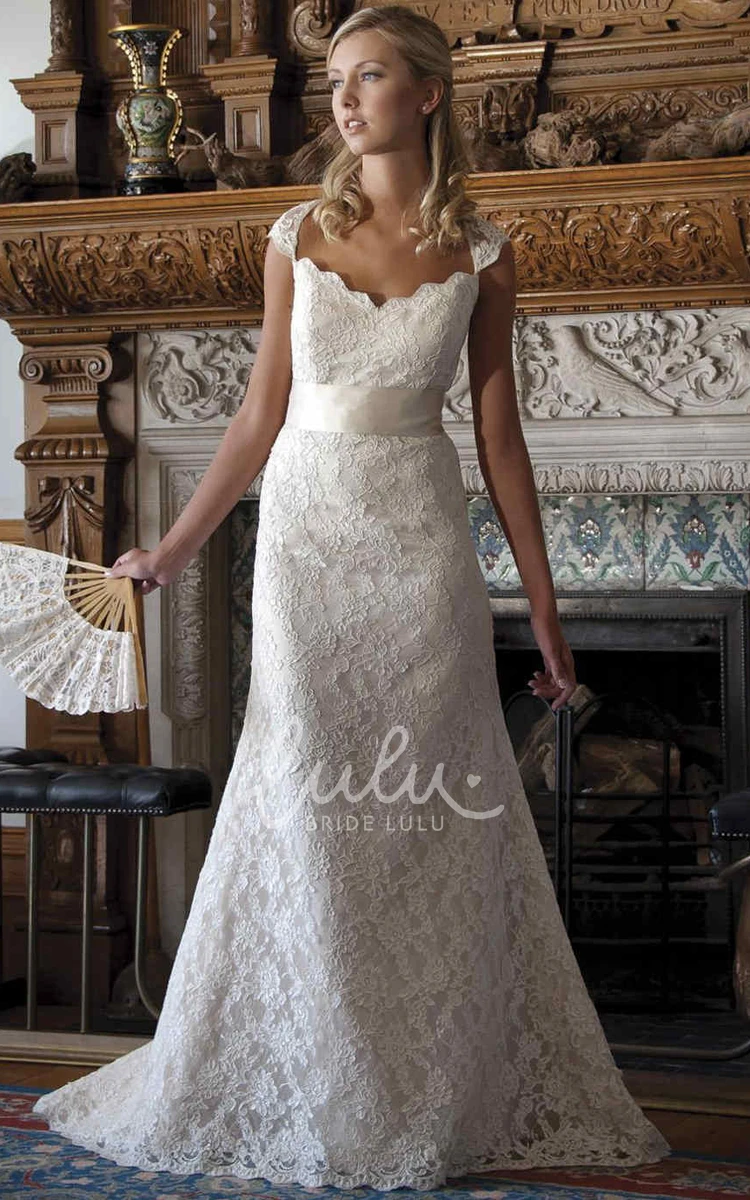 Cap-Sleeve Lace Ribbon V-Neck Wedding Dress Elegant Bridal Gown