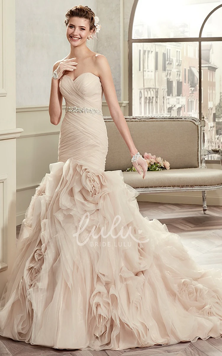 Pleated Bridal Gown with Floral Ruffles and Beaded Belt Boho and Romantic