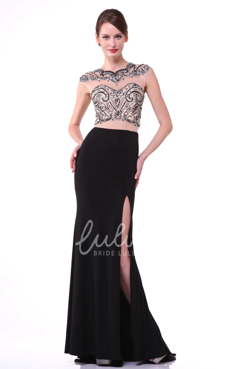 Maxi Cap-Sleeve Jersey Illusion Sheath Dress with Beading and Split Front