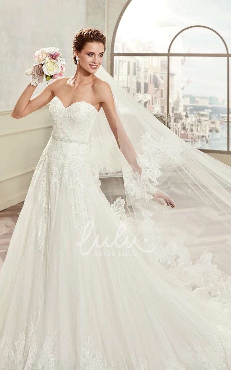 Lace A-Line Sweetheart Wedding Dress with Appliques and Brush Train