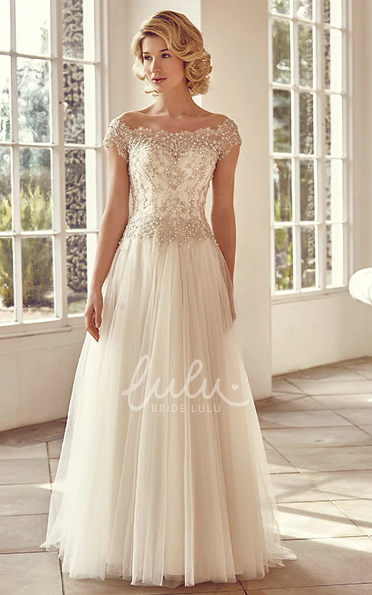 Off-Shoulder Short-Sleeve Tulle Wedding Dress Flowy Bridal Gown