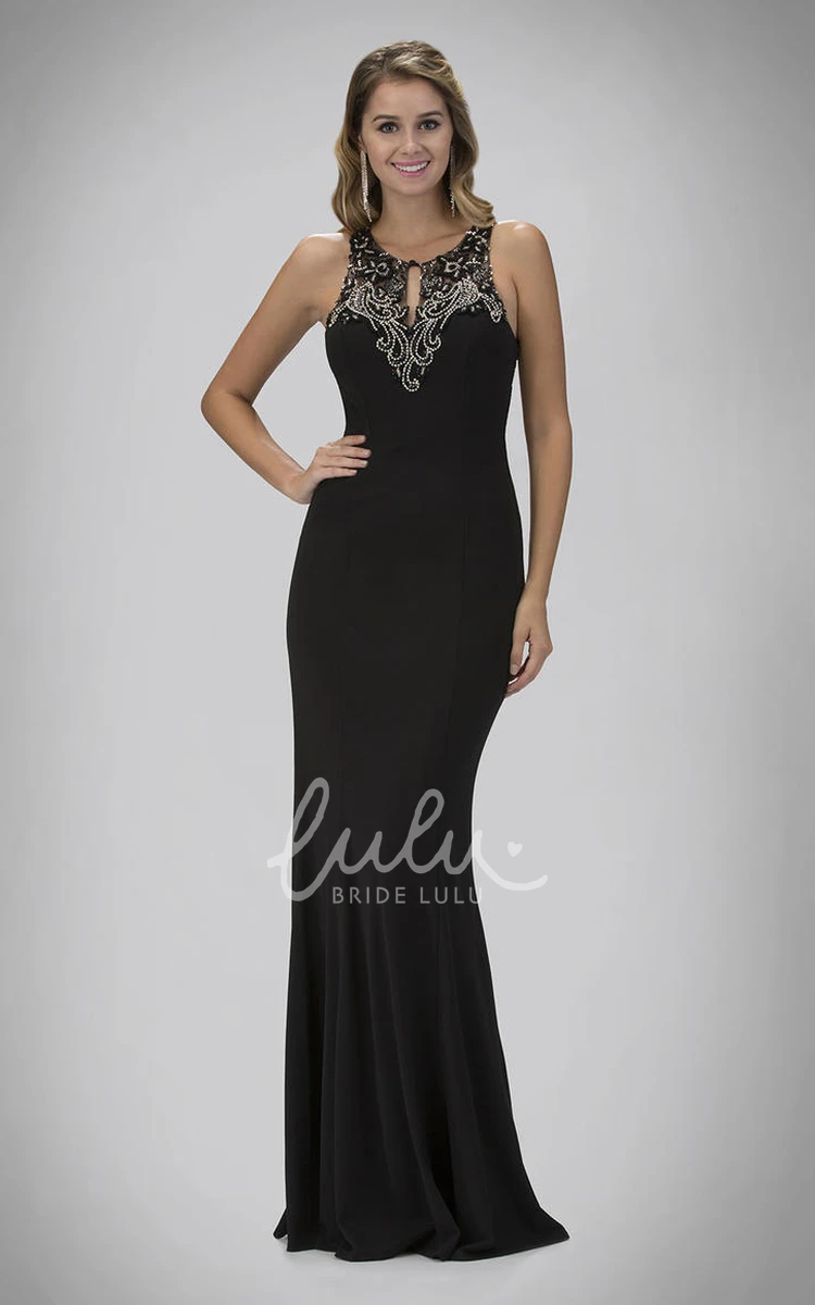 Sleeveless Jersey Illusion Formal Dress with Beading Sheath Long Scoop-Neck