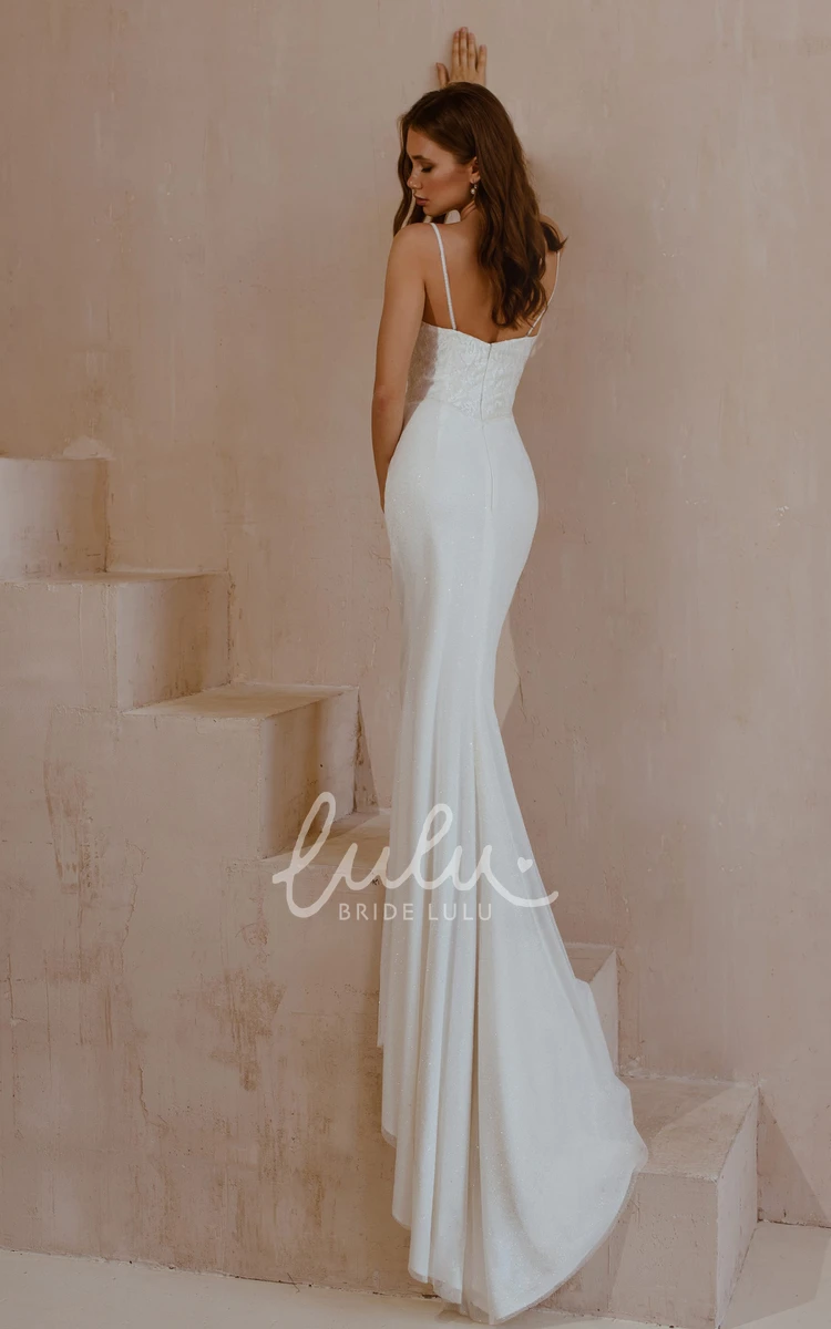 Satin Lace Mermaid Wedding Dress with Spaghetti Straps & Sweep Train