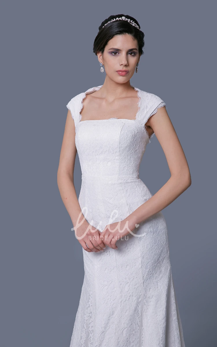 Lace Cap-Sleeved Sheath Wedding Dress with Square Neckline and Keyhole Back