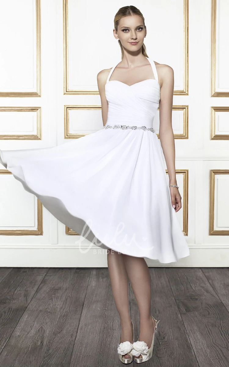 Chiffon Halter V-Back Wedding Dress with Waist Jewelry Knee-Length