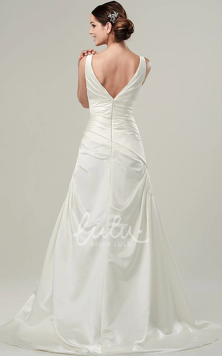 Ruched Sleeveless Satin Wedding Dress with Broach A-Line V-Neck Bridal Gown