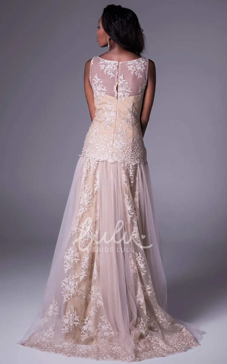 Long Appliqued Tulle&Lace A-Line Prom Dress Scoop-Neck Style