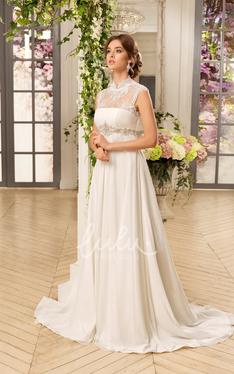 High-Neck Sleeveless Chiffon Wedding Dress with Lace and Waist Jewelry