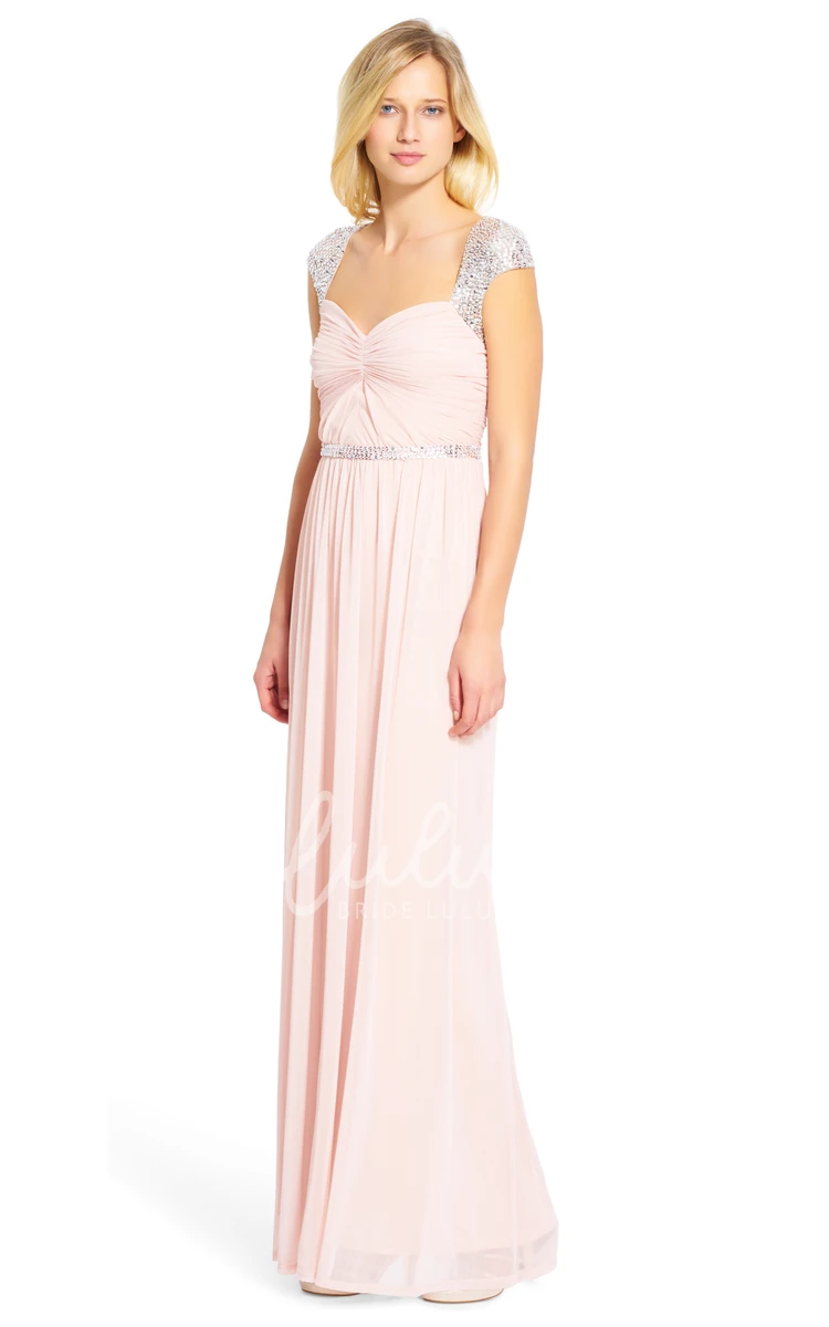 Cap-Sleeve Chiffon Bridesmaid Dress with Ruching Beaded Sheath