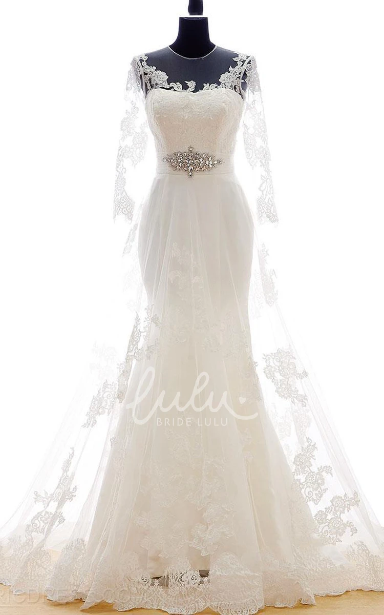 Trumpet Illusion Lace Wedding Dress with Long Sleeves Bell Skirt and Beaded Appliques