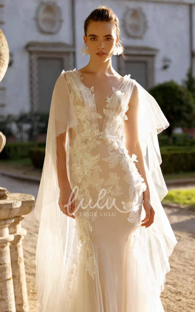 Elegant Plunging V-Leck Lace Strap Tulle Wedding Dress