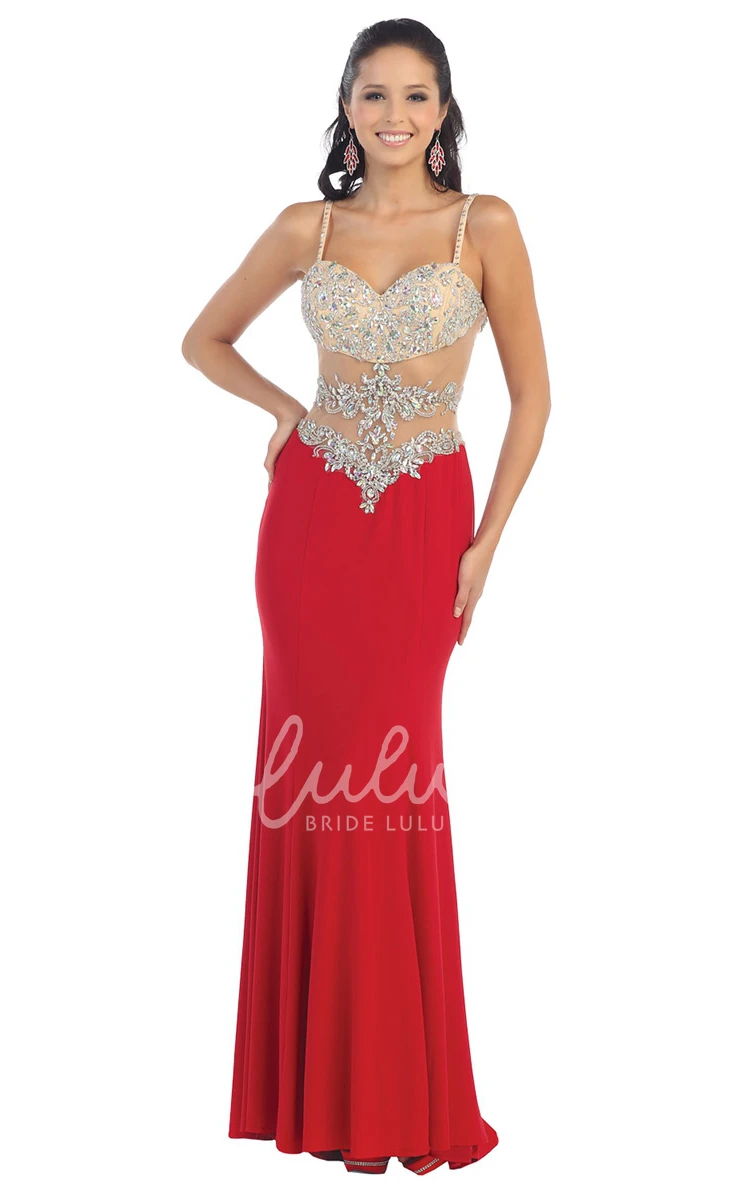 Spaghetti Strap Sheath Jersey Formal Dress with Illusion and Beading