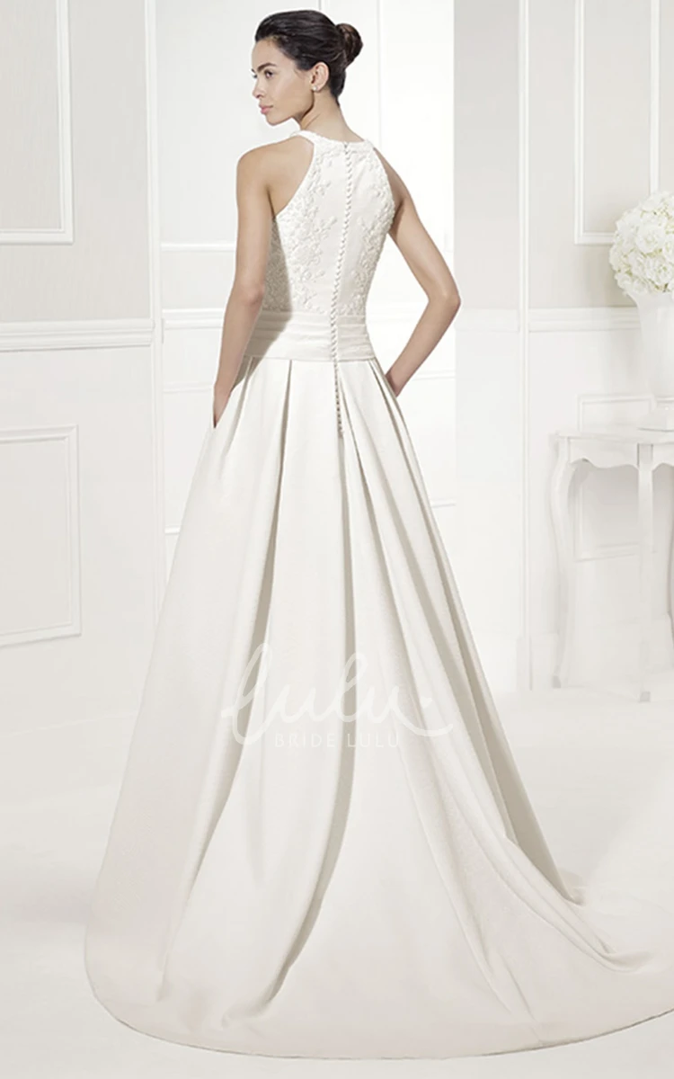 Halter Taffeta Wedding Dress With Bow and Appliques Elegant Style