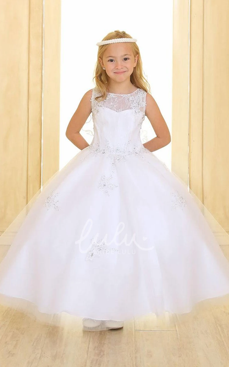 Beaded Tulle&Lace Flower Girl Dress with Illusion Unique Bridesmaid Dress
