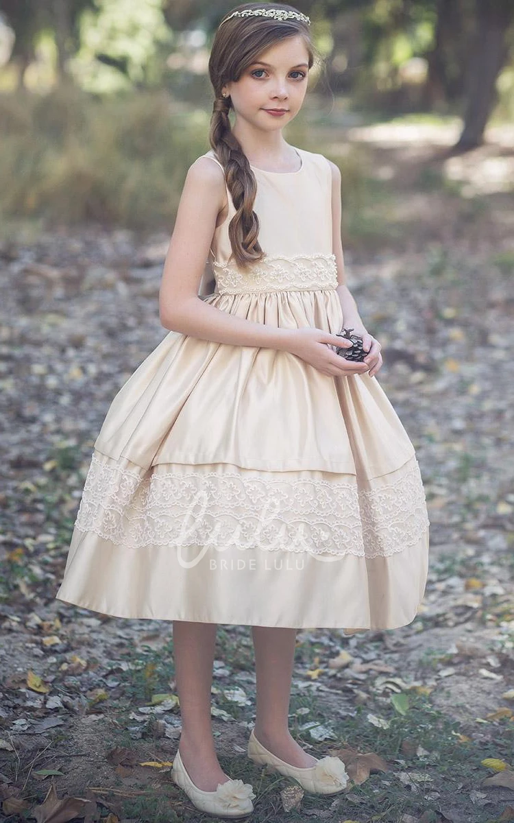 Sequined Tulle and Lace Flower Girl Dress with Tiered Skirt Tea-Length