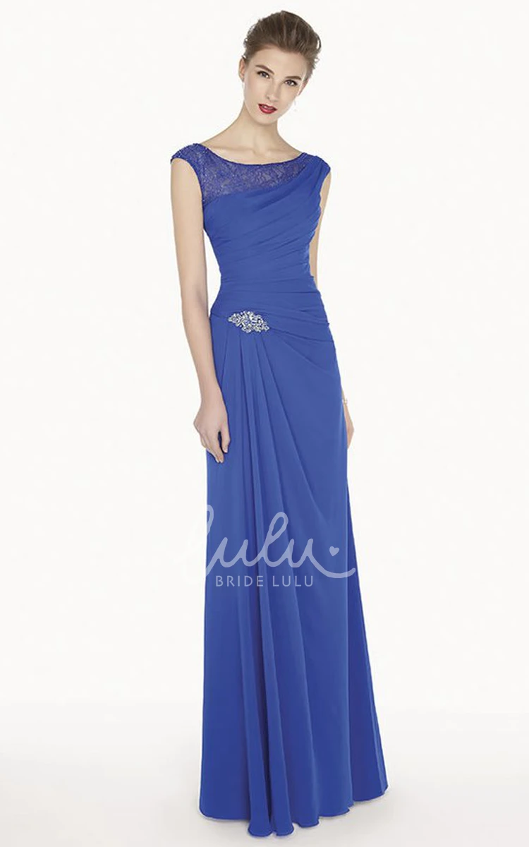 Crystal and Lace Neckline A-Line Chiffon Prom Dress with Cap Sleeves Long