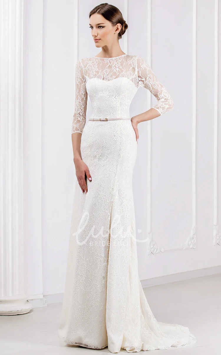 Lace 3-4 Sleeve Wedding Dress with Brush Train Unique Wedding Dress