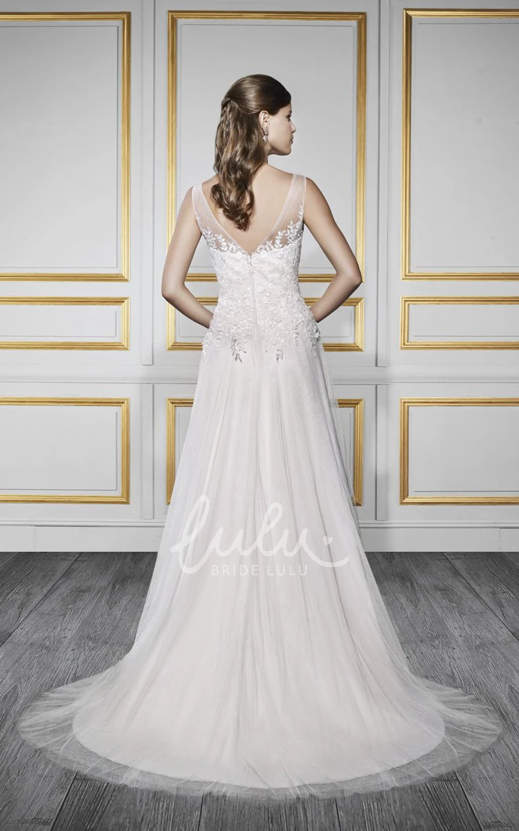 Lace&Tulle Sleeveless A-Line Wedding Dress with Court Train and Low V-Back Classic Bridal Gown