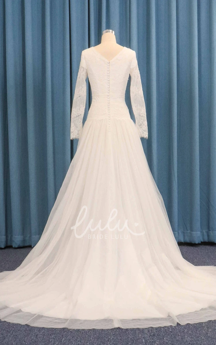 Long Sleeve Dropped Waist Wedding Dress with Tulle Lace Overlay A-Line Pleated