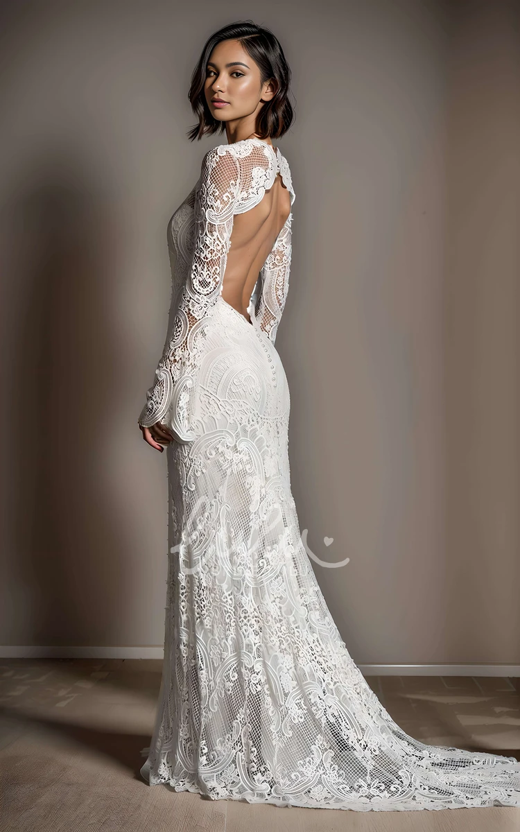 Romantic Bohemian Mermaid Jewel Neck Lace Floor-length Wedding Dress Vintage Elegant Long Bell Sleeve Backless Button Back Bridal Gown with Train