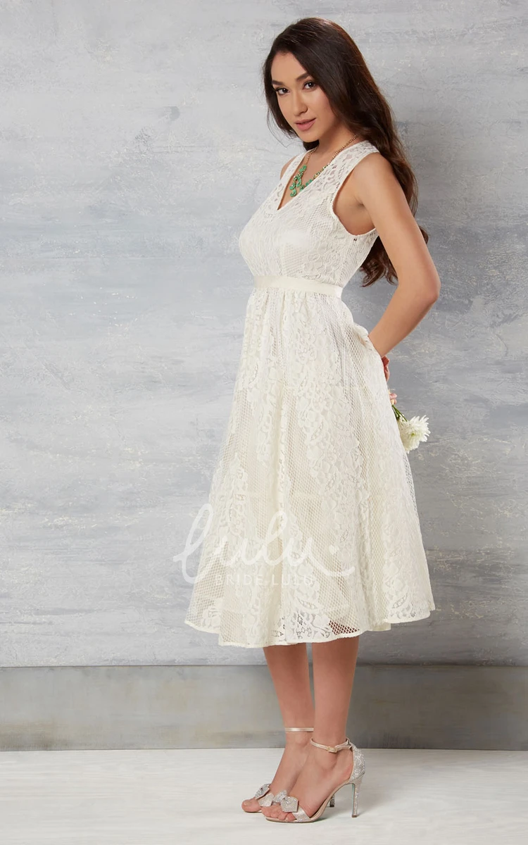 Illusion Back Lace Wedding Dress Sleeveless Tea-Length Modern
