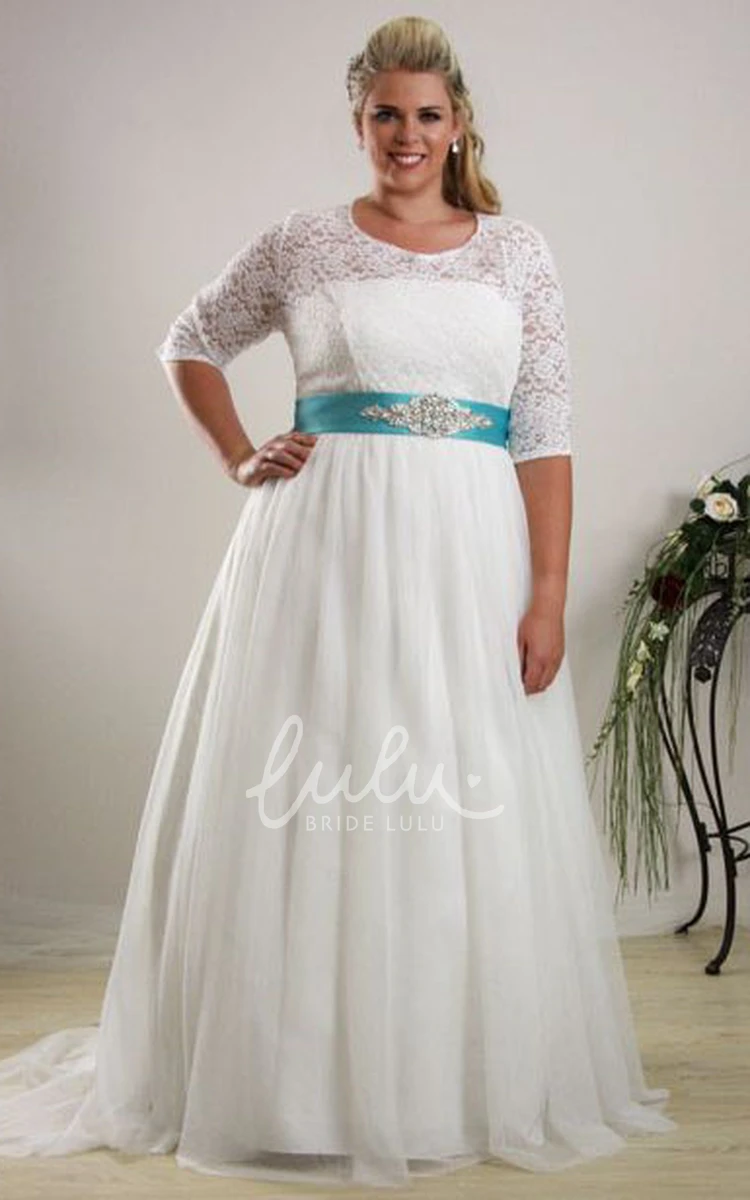 Lace Half-Sleeve A-Line Plus Size Wedding Dress with Waist Jewelry
