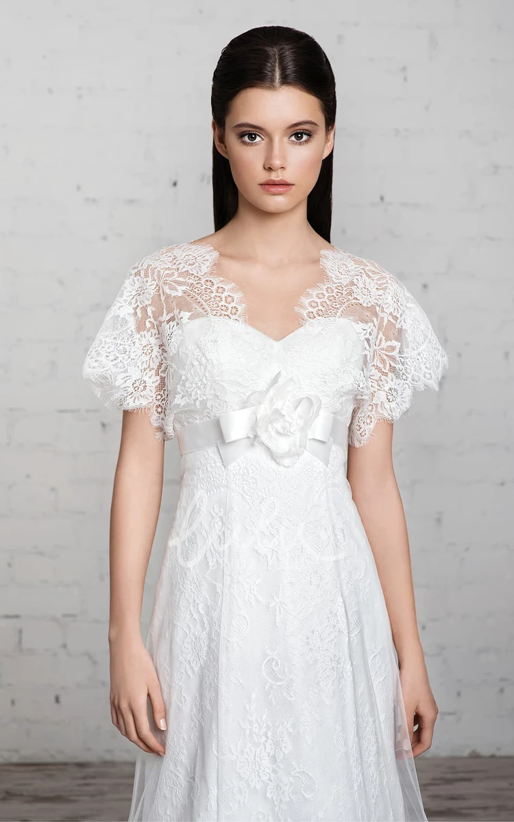 Empire Lace Tulle Wedding Dress with V-Neck and Flower Detail