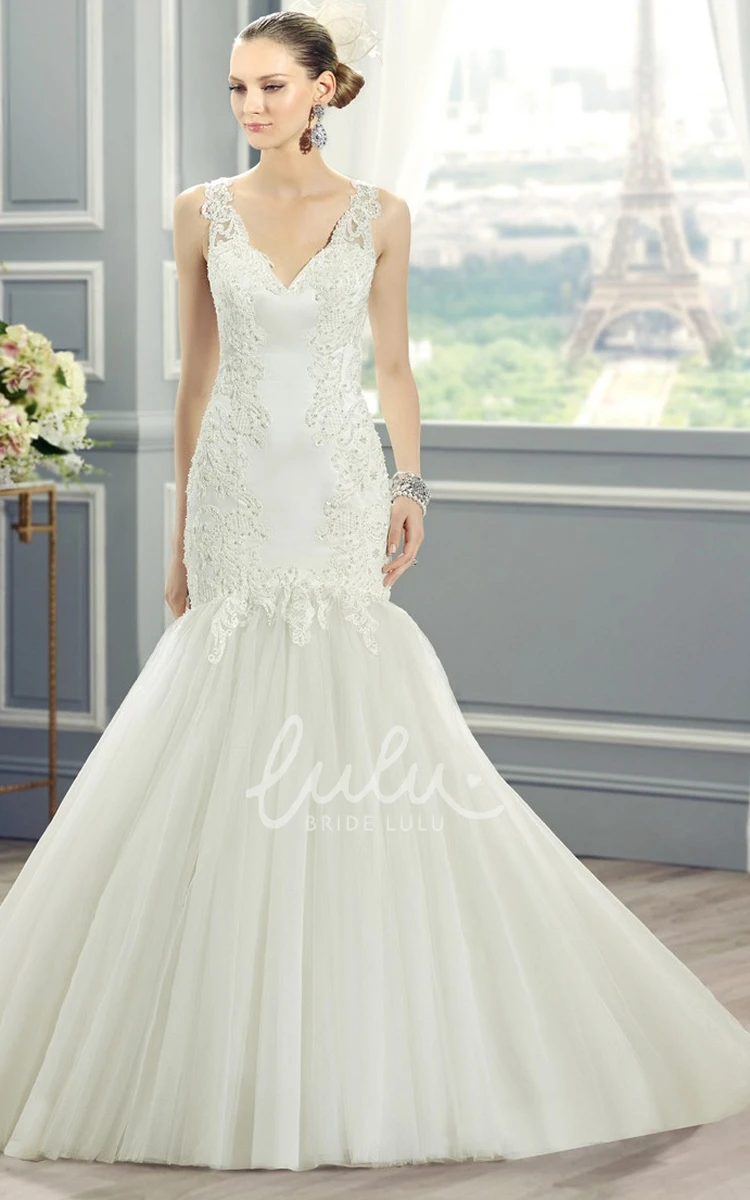 Mermaid V-Neck Lace&Tulle Wedding Dress with Appliques and Illusion Back