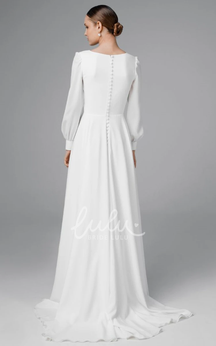 Chiffon A Line Wedding Dress with V-Neckline Split Front and Sweep Train