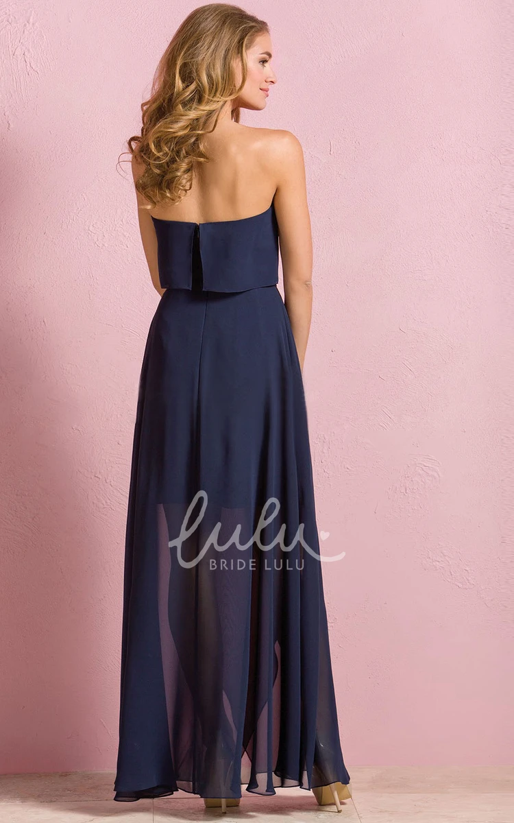 Flowy Strapless Chiffon Dress with Illusion Style and Pleats for Bridesmaid