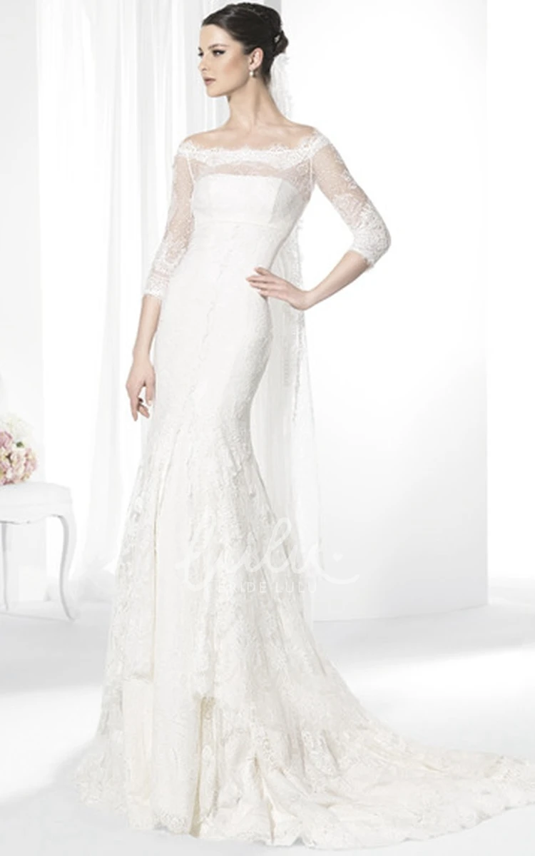 Illusion Lace Half-Sleeve Sheath Wedding Dress with Tiered Bateau-Neck Modern Bridal Gown