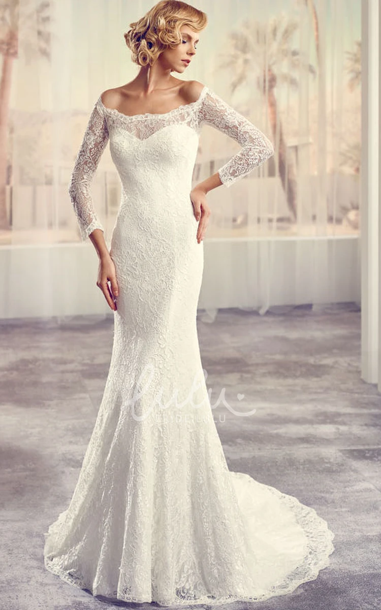 Off-The-Shoulder Long-Sleeve Lace Wedding Dress with Court Train Modern Bridal Gown