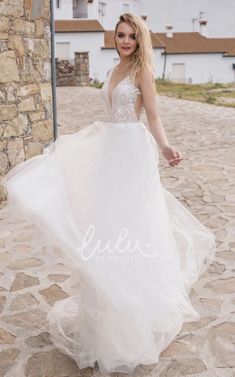 Sleeveless A-Line Tulle Wedding Dress with V-Neck and Deep-V Back Simple and Elegant Wedding Dress