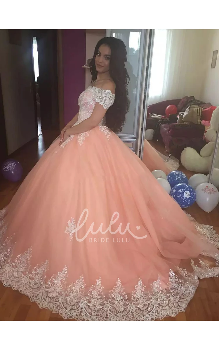 Lace Tulle Off-Shoulder A-Line Wedding Dress with Cap Sleeves