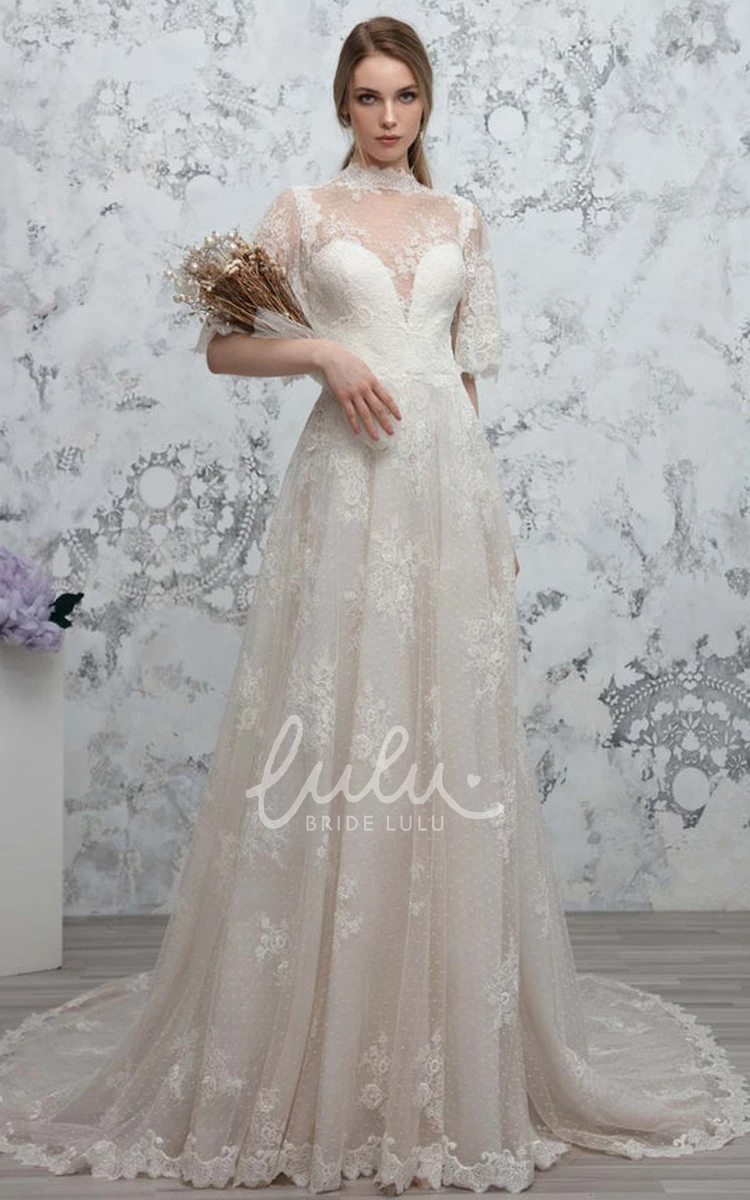 Lace High Neck A-Line Wedding Dress with Ruching Ethereal & Modern