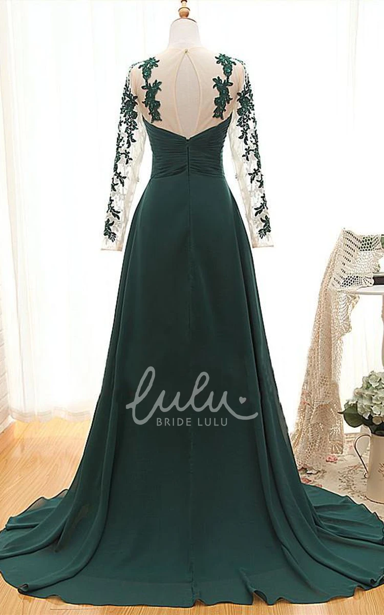 Dark Green Chiffon Long Sleeve Evening Dress with Appliques for Women