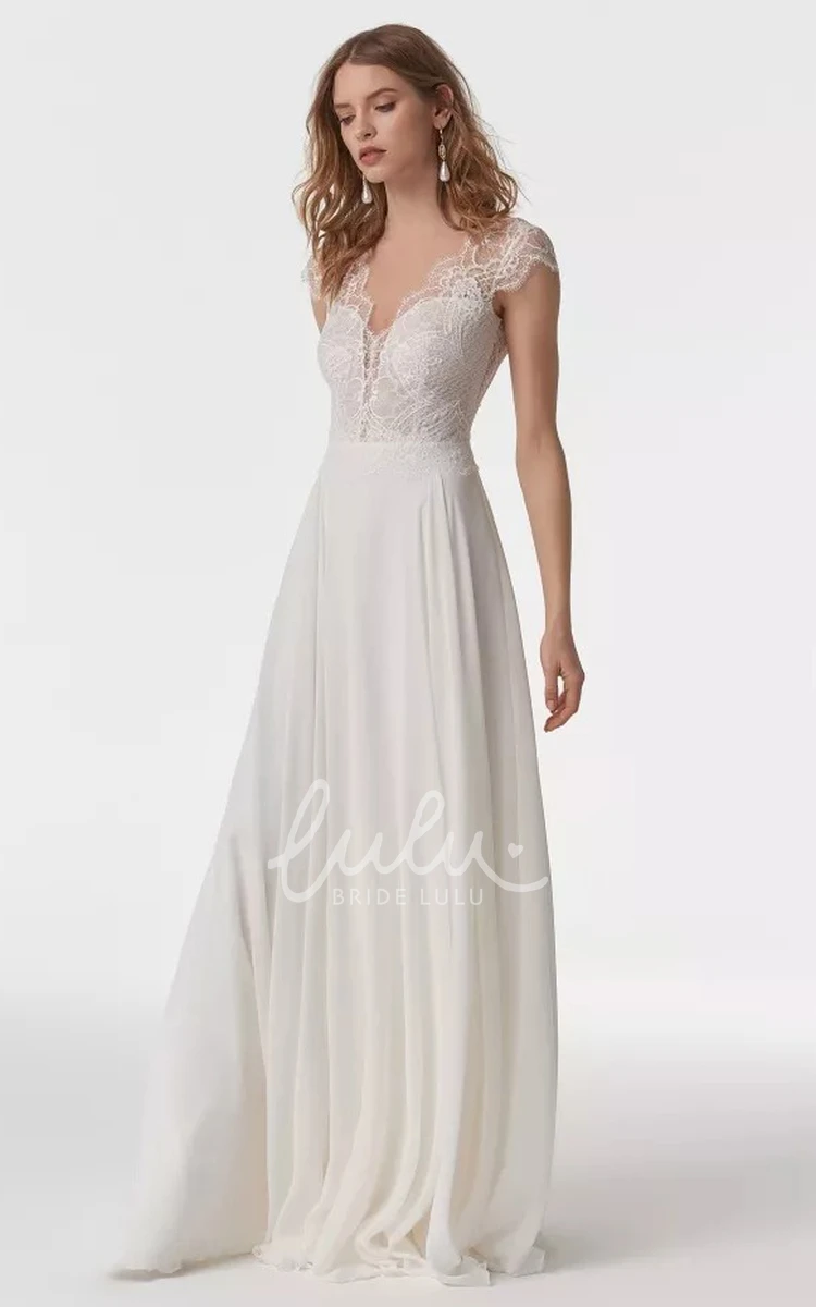 A Line Boho Lace Chiffon Wedding Dress Sexy Back Maxi Bridal Gown with Casual Short Sleeves