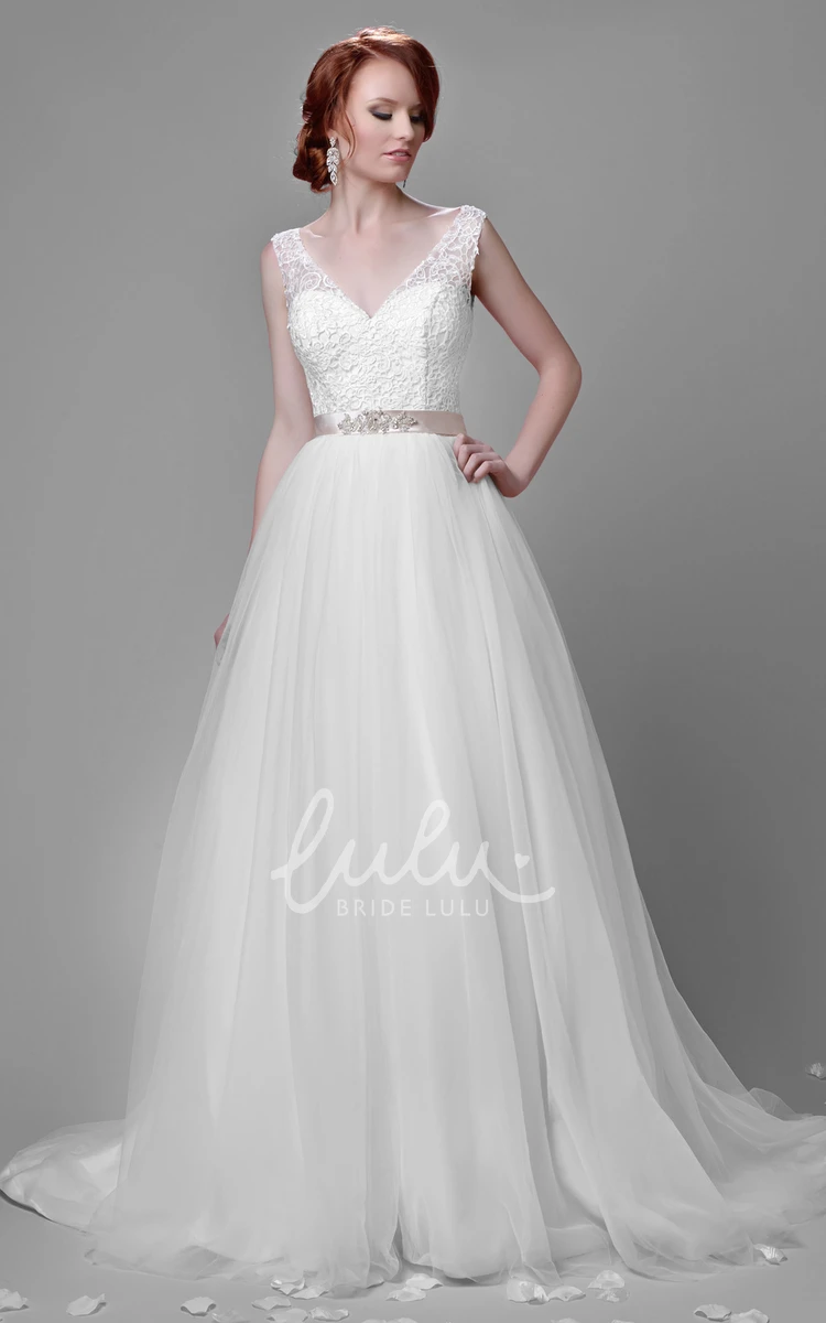 V-Neck Lace and Tulle Wedding Dress with Beaded Satin Belt Romantic Bridal Gown
