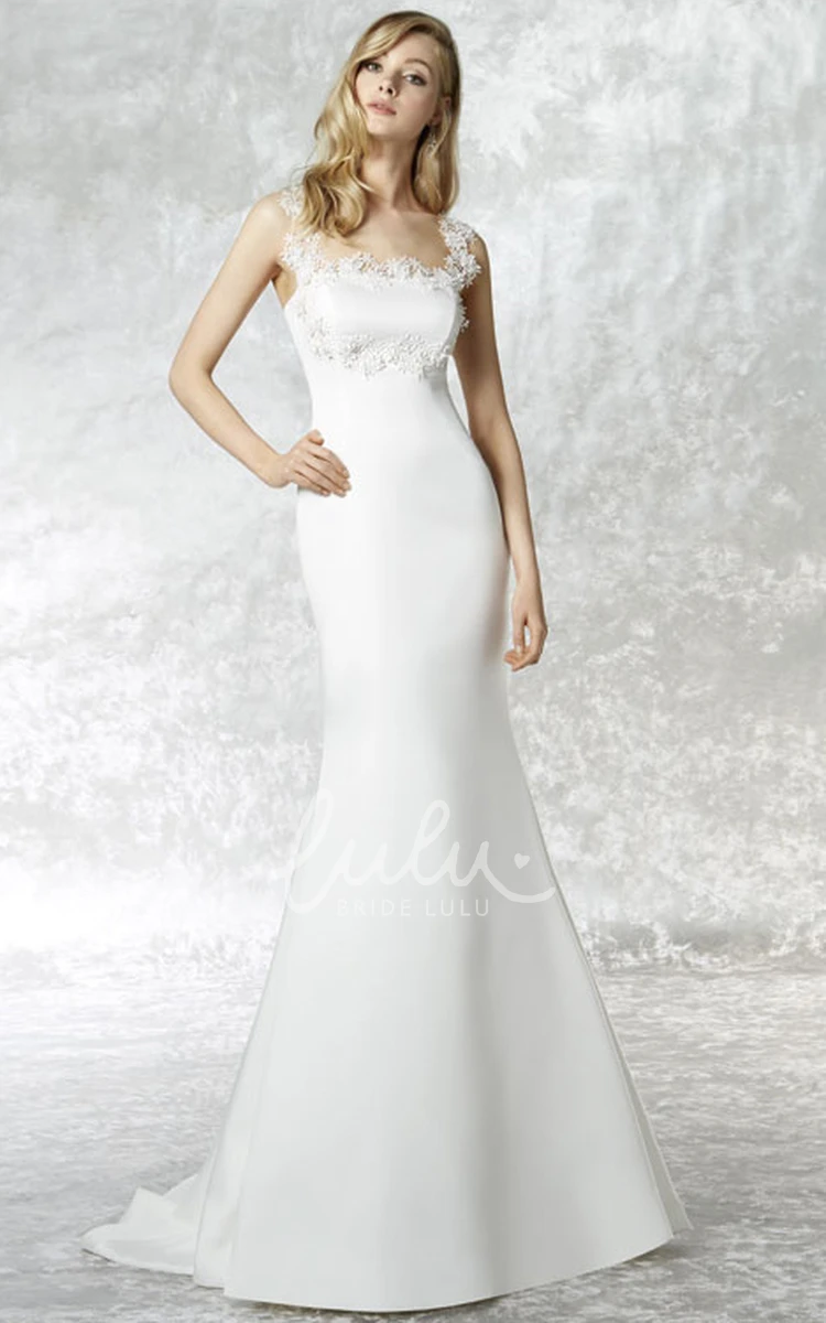 Satin Appliqued Wedding Dress with Straps and Court Train