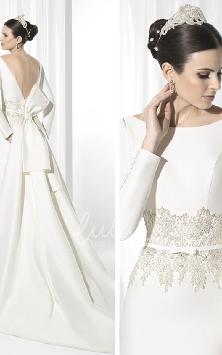 Satin Long-Sleeve Wedding Dress with Appliques and Court Train Timeless Bridal Gown