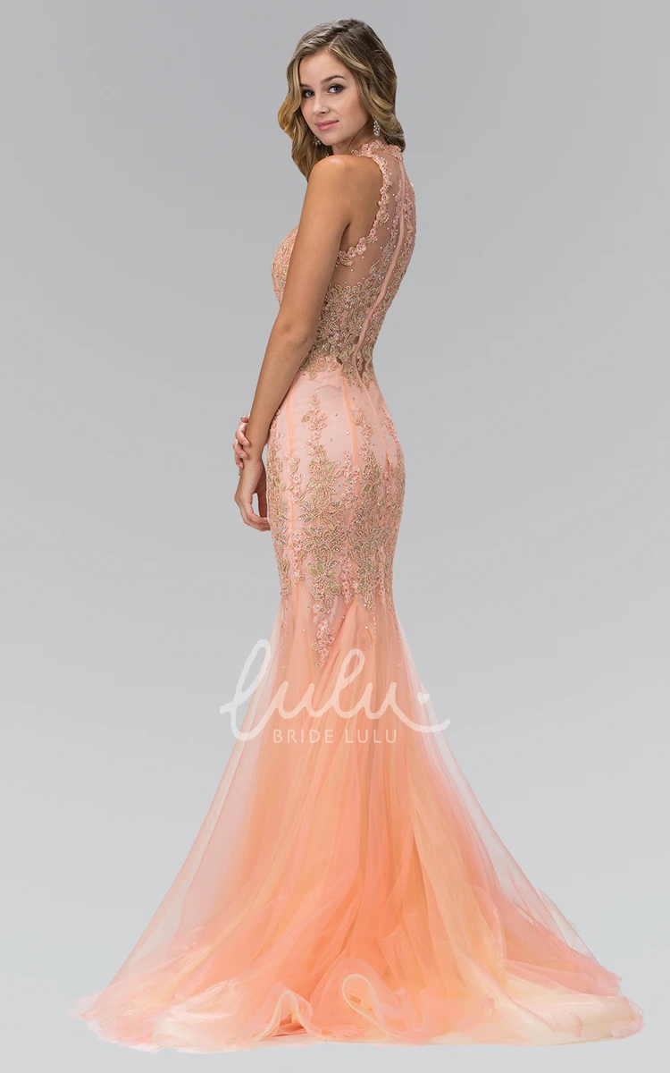 Sleeveless Mermaid Tulle Illusion Dress with Appliques and Beading Halter Neckline