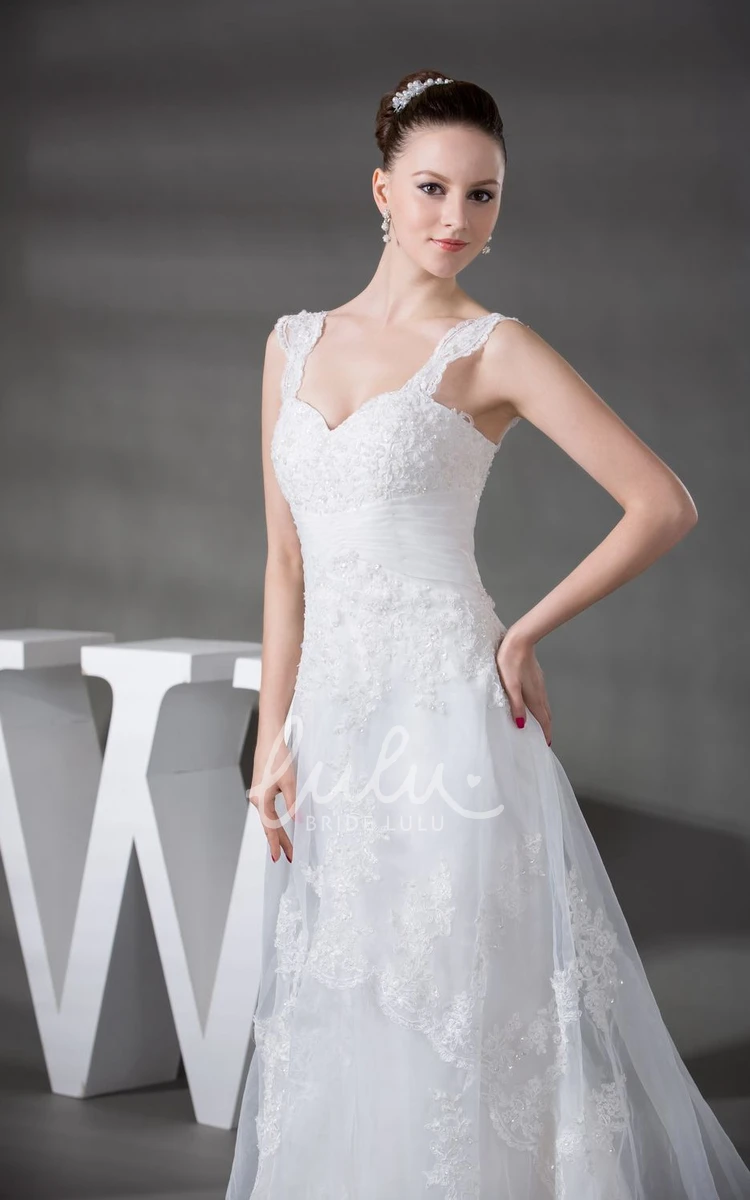 Lace A-Line Wedding Dress with Appliques Plunged Ruched Bridal Gown