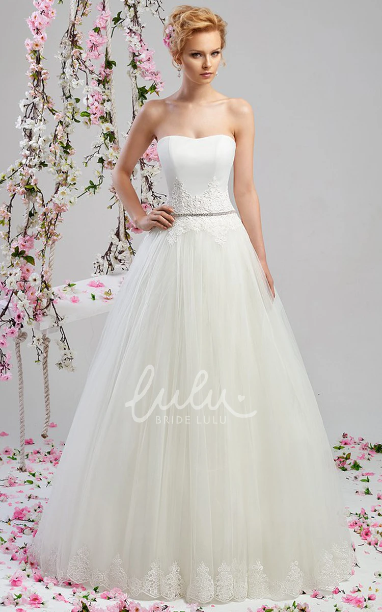 Strapless A-Line Satin and Tulle Wedding Dress with Jeweled Waist and Cape Unique Bridal Gown