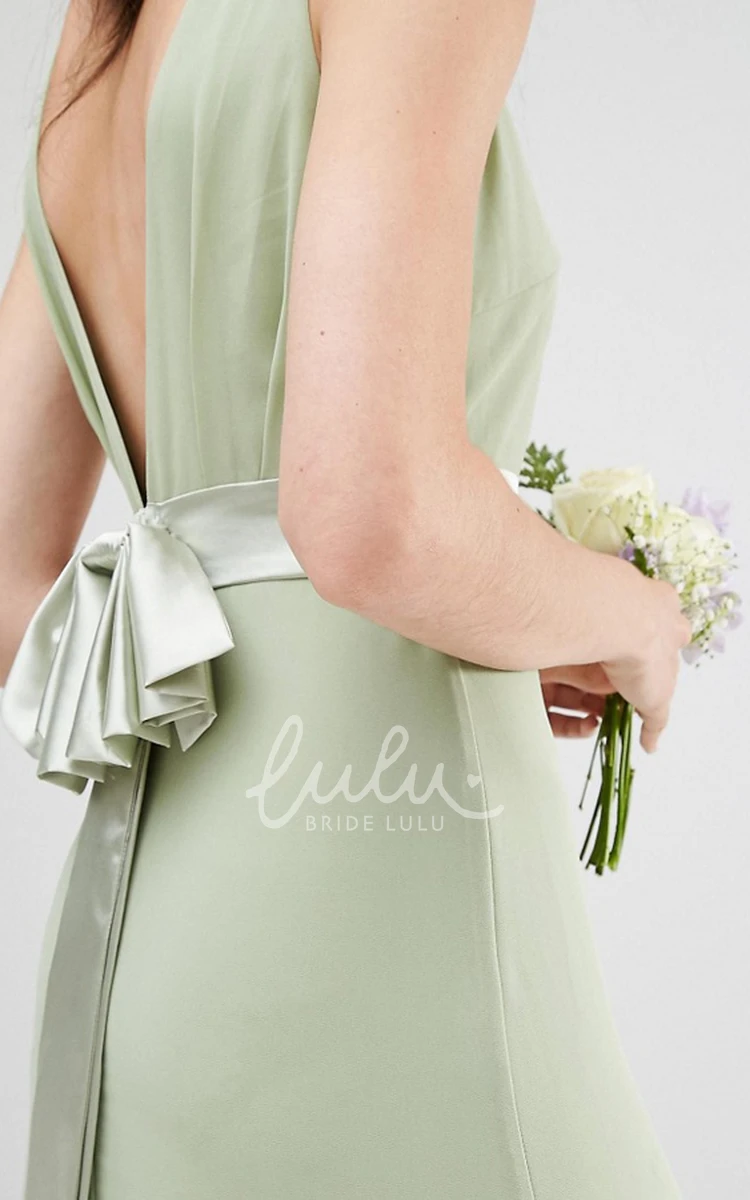 Jewel-Neck Sleeveless Floor-Length Chiffon Bridesmaid Dress with Ribbon and V Back Unique Bridesmaid Dress