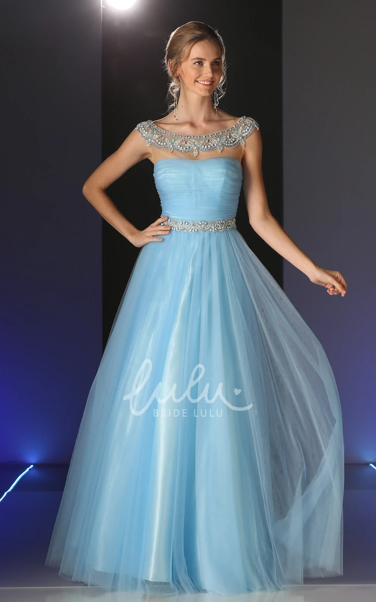 Scoop-Neck Tulle Illusion Prom Dress with Beading and Ruching