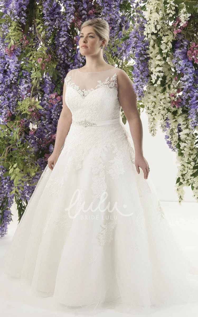 Illusion Lace A-Line Dress with Sleeveless Tulle and Unique Neckline