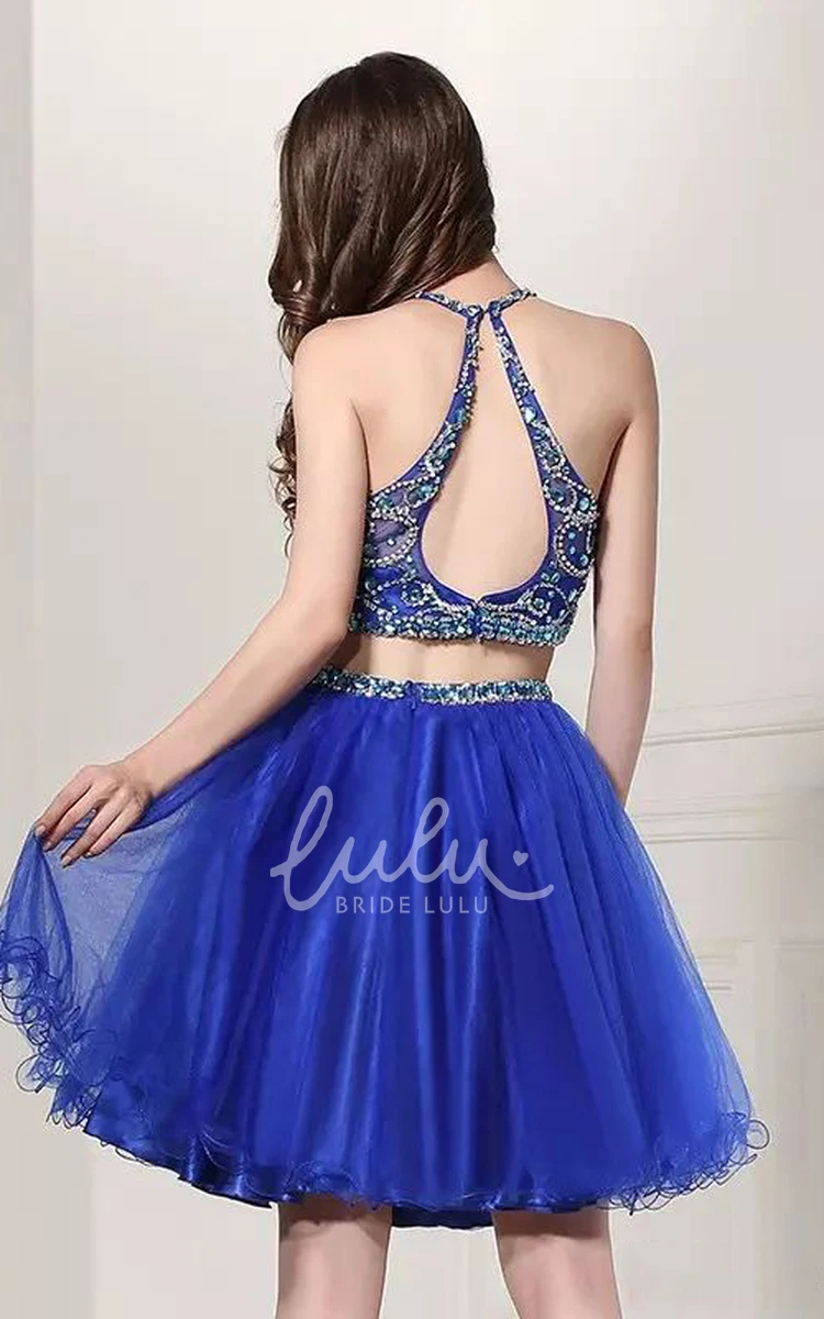 Two Piece Lace Homecoming Dress with Halter Neckline and Beading Pleats