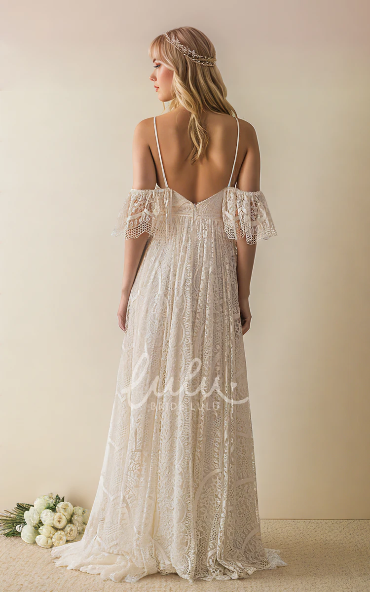 Bohemian Lace A-Line Plunging Neckline Off-the-shoulder Sexy Beach Country Floor-length Spaghett Open Back Wedding Bridal Dress