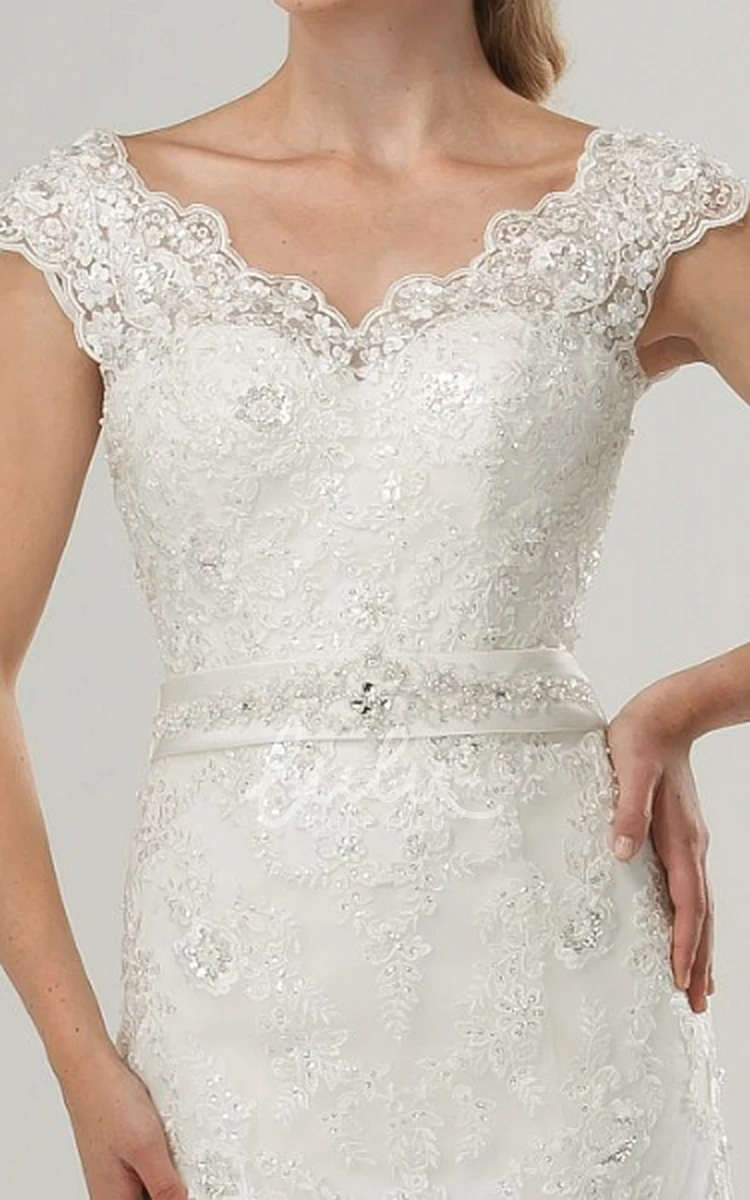 Cap-Sleeve Jeweled Lace Wedding Dress with V-Neck Sheath Bridal Gown