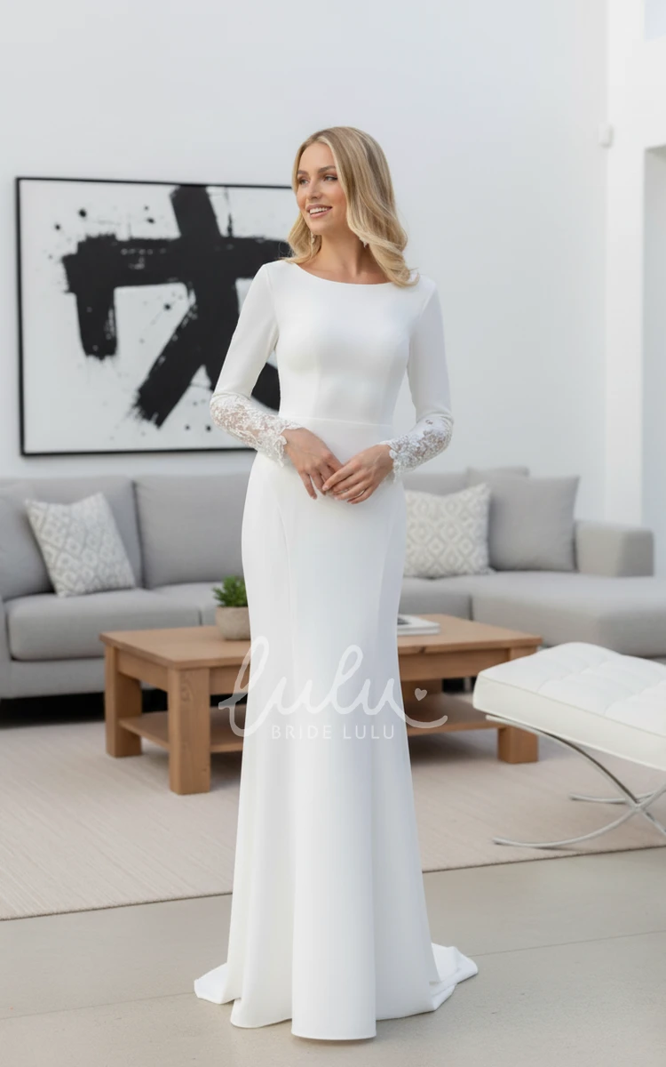 Elegant Bateau Lace Solid Bridal Gown Modest Sheath Satin Long Sleeve Wedding Dress